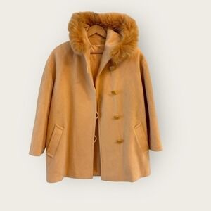 Vintage 1970s Camel Wool Coat Womens‎ Size M Faux Fur Trim Union Retro Mod